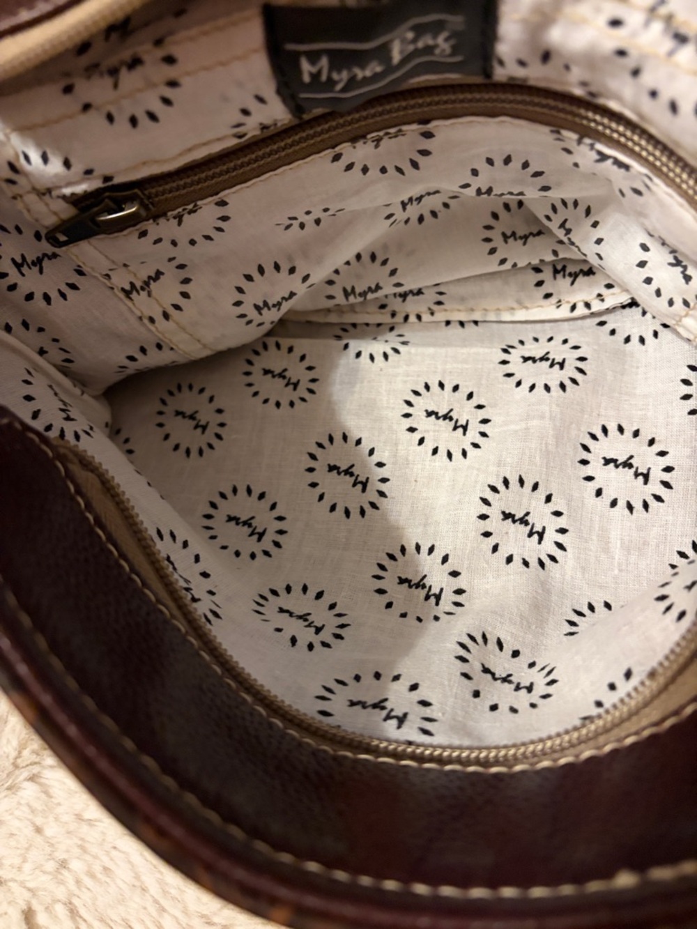 Myra Bag Craved Blossoms Leather Brown & White Hairon Cowhide Flap Crossbody - Picture 7 of 12